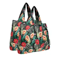Wrapables Medium Foldable Tote Nylon Reusable Grocery Bag (Set of 2), Floral Cactus