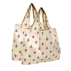Wrapables Medium Foldable Tote Nylon Reusable Grocery Bag (Set of 2), Anchors Away
