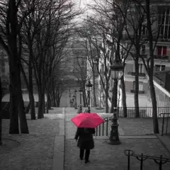 Woman with red umbrella standing on staircase in Montmartre, Paris, France Poster Print byAssaf Frank - Item # VARPDXAF20120315648
