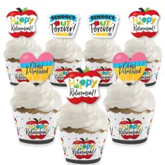 Big Dot of Happiness Teacher Retirement - Cupcake Decoration - Happy Retirement Party Cupcake Wrappers and Treat Picks Kit - Set of 24
