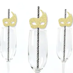 Big Dot of Happiness Gold Glitter Masks Party Straws - No-Mess Real Glitter Cut-Outs & Decorative Masquerade Mardi Gras Party Paper Straws - Set of 24