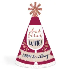 Big Dot of Happiness But First, Wine - Cone Happy Birthday Party Hats for Kids and Adults - Set of 8 (Standard Size)