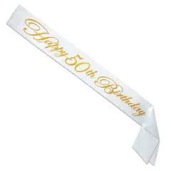 Glittered Happy 50th Birthday Satin Sash, (Pack of 6)