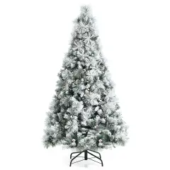 Costway 6ft Artificial Christmas Tree, Snow Flocked Hinged Xmas Tree w/ Pine Needles, Red Berries, Pine Cones & Metal Base