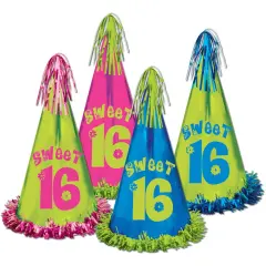 Fringed Foil Sweet 16 Party Hats (Pack of 12)