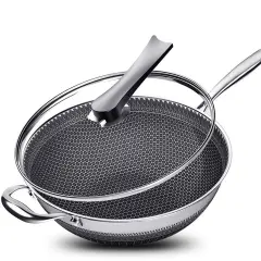 Non Stick Double Sided Honeycomb Cooking Frying Wok Pan with Lid Stainless Steel