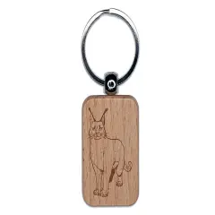 Caracal Tufted Ears Wild Cat Engraved Wood Rectangle Keychain Tag Charm