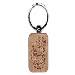 Mermaid Hugging Baby Narwhal Engraved Wood Rectangle Keychain Tag Charm