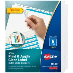 Avery 5 Tab Extra-Wide Dividers for 3 Ring Binder, Perfect for Use with Sheet Protectors, Easy Print & Apply Clear Label Strip, Index Maker Customizable White Tabs, 5 Sets (11440)