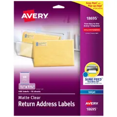 Avery Matte Clear Return Address Labels, Sure Feed Technology, Inkjet, 2/3" x 1-3/4", 600 Labels (18695)