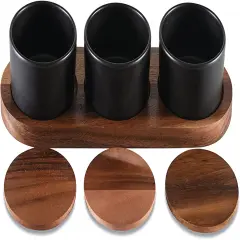Black Ceramic Condiment Set on Acacia Wood Base