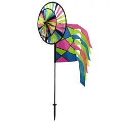 In the Breeze Neon Colorblock Spinner Wheels with Garden Flag and Tails - Ground Stake Included - Colorful D&eacute;cor for your Yard and Garden
