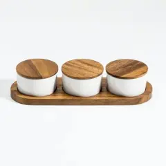 Kalmar Home Ceramic Condiment Set on Acacia Wood Base