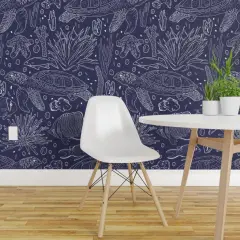 Pre-Pasted Wallpaper 2FT Wide Blue Fish Turtles Line Drawing And White Sea Creatures Life Coastal Navy Underwater Animals Chic Beach House Custom Pre-pasted Wallpaper by Spoonflower
