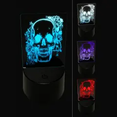 Skull and Roses Flowers Bones 3D Illusion LED Night Light Sign Nightstand Desk Lamp
