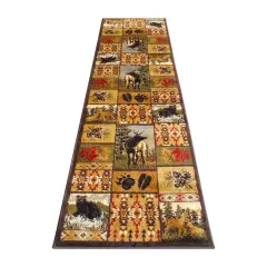 Masada Rugs Wildlife Bear and Elk Scene Area Rug Brown