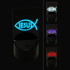 Jesus Ichthys Fish Christian Sketch 3D Illusion LED Night Light Sign Nightstand Desk Lamp