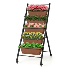 5-Tier Vertical Raised Garden Bed with Wheels and Container Boxes-Brown