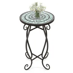 12" Round Ceramic Tile Table with Floral Mosaic Design and Metal Legs Ideal for Balcony or Deck Black & Smoke Blue