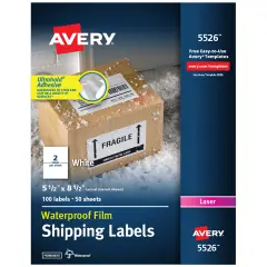 Avery Waterproof Shipping Labels with Ultrahold Permanent Adhesive, 5-1/2" x 8-1/2", 100 Labels for Laser Printers (5526)
