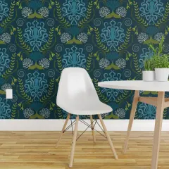 Pre-Pasted Wallpaper 2FT Wide Nautical Damask Victorian Style Botanical Blue Octopus Ocean Life Custom Pre-pasted Wallpaper by Spoonflower
