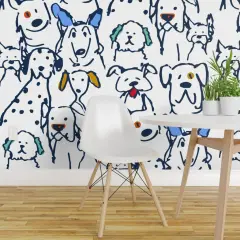 Pre-Pasted Wallpaper 2FT Wide Whimsical Dog Doodle Large Scale Pets Veterinarian Rescue Lover Hand Drawn Quirky Animals Blue Cute Custom Pre-pasted Wallpaper by Spoonflower