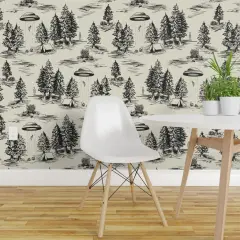 Pre-Pasted Wallpaper 2FT Wide Alien Toile Black Space Aliens Camping Ufos De Jouy Ufo Flying Saucer Abduction Saucers Objects Custom Pre-pasted Wallpaper by Spoonflower