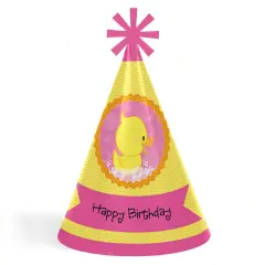 Big Dot of Happiness Pink Ducky Duck - Cone Happy Birthday Party Hats for Kids and Adults - Set of 8 (Standard Size)