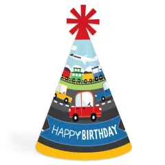 Big Dot of Happiness Cars, Trains, and Airplanes - Cone Happy Birthday Party Hats for Kids and Adults - Set of 8 (Standard Size)