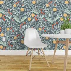 Peel & Stick Wallpaper 2FT Wide Modern Botanical Dandelions Yellow Orange Blue Floral Eucalyptus Rosehips Custom Removable Wallpaper by Spoonflower