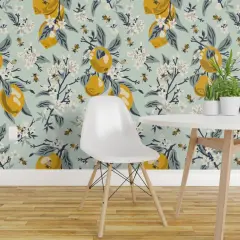 Pre-Pasted Wallpaper 2FT Wide Mint Botanical Farmhouse Citrus Country Floral Rustic Modern Jumbo Scale Custom Pre-pasted Wallpaper by Spoonflower