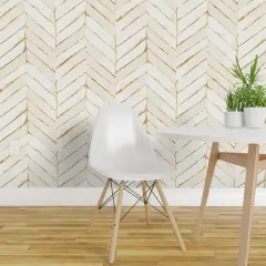Pre-Pasted Wallpaper 2FT Wide Cream Gold Tone Chevron Herringbone Neutral Geometric Custom Pre-pasted Wallpaper by Spoonflower