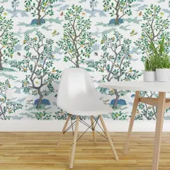 Peel & Stick Wallpaper 2FT Wide Orchard Toile Bird Green Blue Citrus Trees Large Scale Oranges Lemon Toile Chinoiserie Mural Grove Custom Removable Wallpaper by Spoonflower