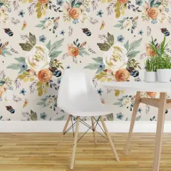 Peel & Stick Wallpaper 2FT Wide Western Autumn Florals Ivory Rustic Floral Watercolor Boho Chic Feather Woodland Girly Custom Removable Wallpaper by Spoonflower