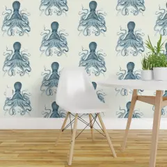 Peel & Stick Wallpaper 2FT Wide Octopus Sea Illustration Vintage Squid Nautical Coastal Ocean Beach Custom Removable Wallpaper by Spoonflower