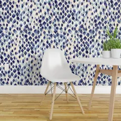 Pre-Pasted Wallpaper 2FT Wide Watercolor Drops Abstract Nature Diamond Indigo Blue Custom Pre-pasted Wallpaper by Spoonflower