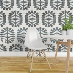 Pre-Pasted Wallpaper 2FT Wide Mid Century Nature Mod Grey Geometric Faux Linen Look Retro Botanical Custom Pre-pasted Wallpaper by Spoonflower