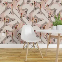 Pre-Pasted Wallpaper 2FT Wide Bird Pink White Baby Nursery Fly Flight Heron Swamp Custom Pre-pasted Wallpaper by Spoonflower