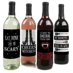 Big Dot of Happiness Spooktacular - Eat, Drink and Be Scary Halloween Party Decorations for Women and Men - Wine Bottle Label Stickers - Set of 4