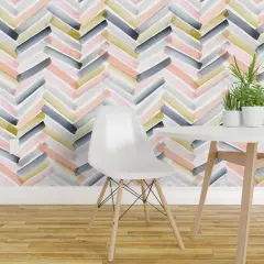 Pre-Pasted Wallpaper 2FT Wide Chevron Blush Navy Pink Stripe Gray Mustard Modern Watercolor Herringbone Geometric Custom Pre-pasted Wallpaper by Spoonflower