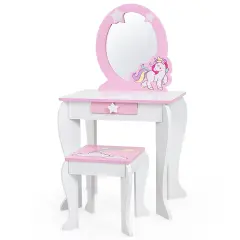 Kids Wooden Makeup Dressing Table and Chair Set with Mirror and Drawer White