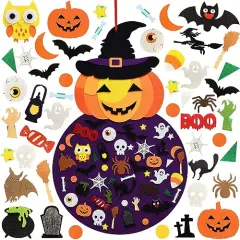 DIY Halloween Felt Pumpkin Witch Hanging Decor for Kids Felt Crafts and Kits Adhesive Ornaments Halloween Party Favor Decorations Indoors Outdoors (2.8FT)