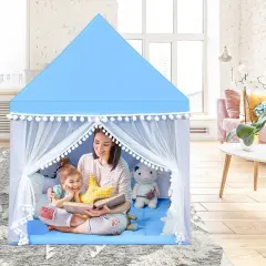 Kids Play Tent Large Playhouse Children Play Castle Fairy Tent Gift with Mat Blue