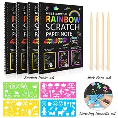 12 Pieces of Set , 4 pck Scratch Arts Drawing Notebook for Kids Drawing Pad, Large Rainbow Scratch Drawing Paper Set for Kids Art Supplies (with 4 Wooden Stylus & 4 Drawing Stencils）