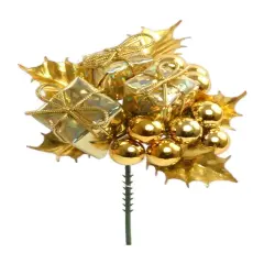 Gold Holly Pick w/ Boxes & Balls - Set of 6, Festive Holiday Accents, Christmas Decor for Wreaths & Arrangements - Ideal for Home, Office - 2024 Christmas Collection, Floral Home by Artificial Flowers