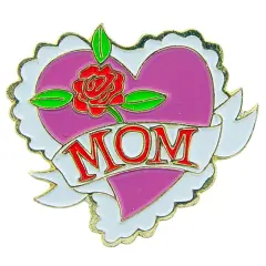 Mom Heart with Rose Pin 1"