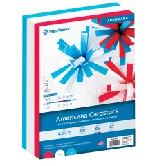 PrintWorks Americana Cardstock, 3 Assorted Colors -Red, White, Blue, Solid Core, 200 Sheets, 8.5&rdquo; x 11&rdquo; (00595)