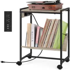 Record Player Holder Stand End Table with Vinyl Storage Grey