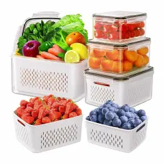 5-Pieces Fruit Vegetable Food Storage Containers For Fridge With Lids & Colander