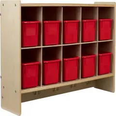 Cubby Storage Organizer Cubes, 10 Cubbies with Coat Hooks, Hanging Wall Cubby Shelf for Kids Toys, Daycare, Classroom, 47-Inch Width Red